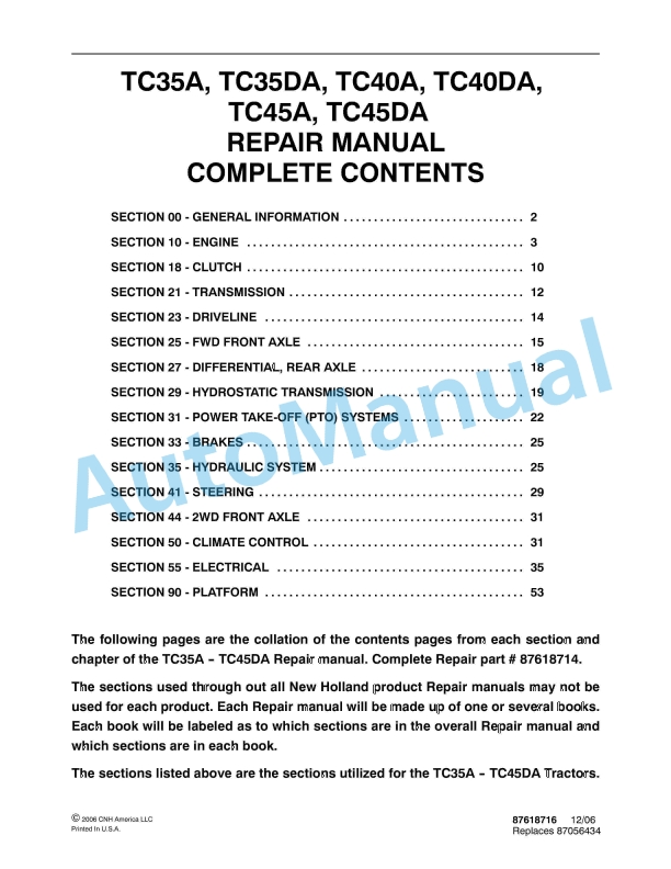 New Holland TC35A, TC35DA, TC40A, TC40DA, TC45A, TC45DA Tractor Repair Manual 87618716