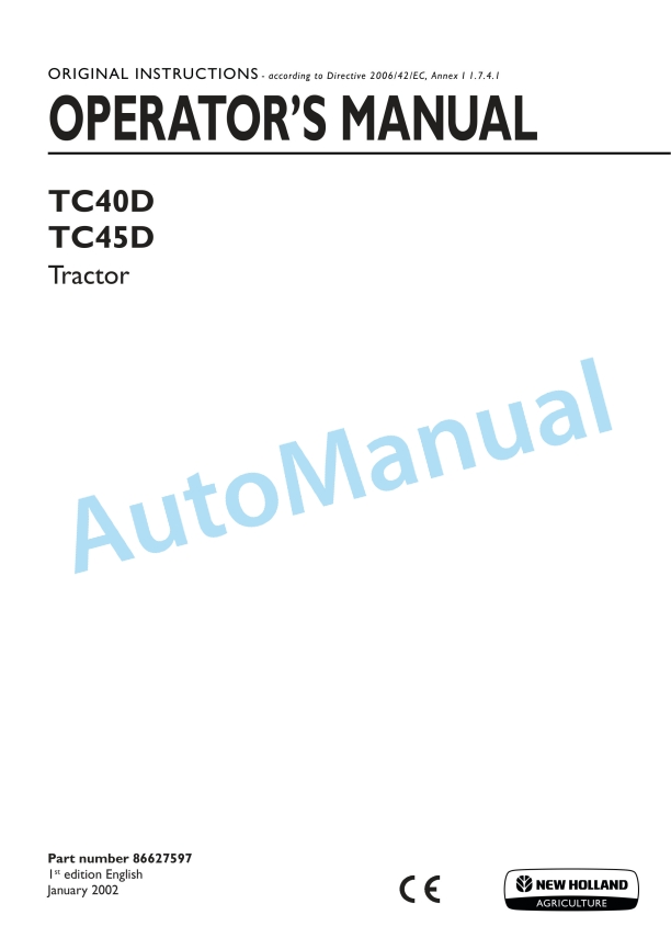 New Holland TC40D, TC50D Tractor Operation and Maintenance Manual 86627597