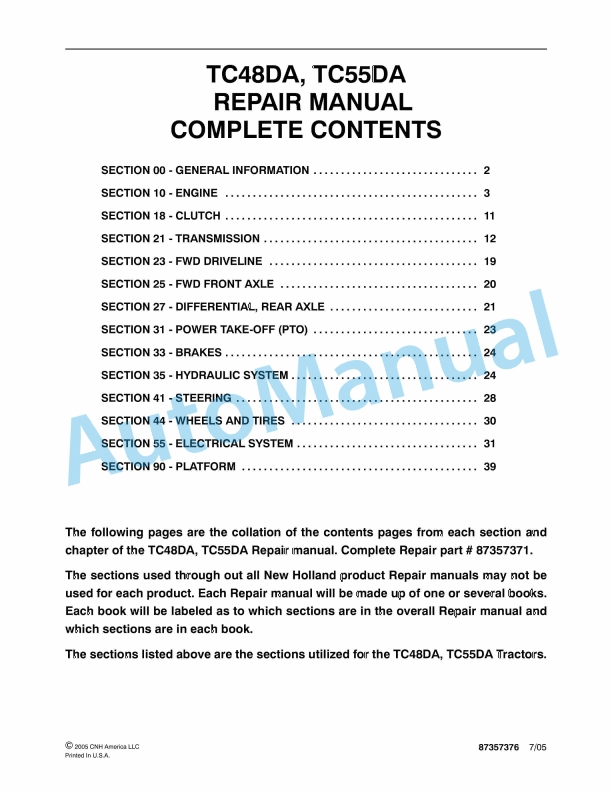 New Holland TC48DA, TC55DA Tractor Repair Manual 87357376