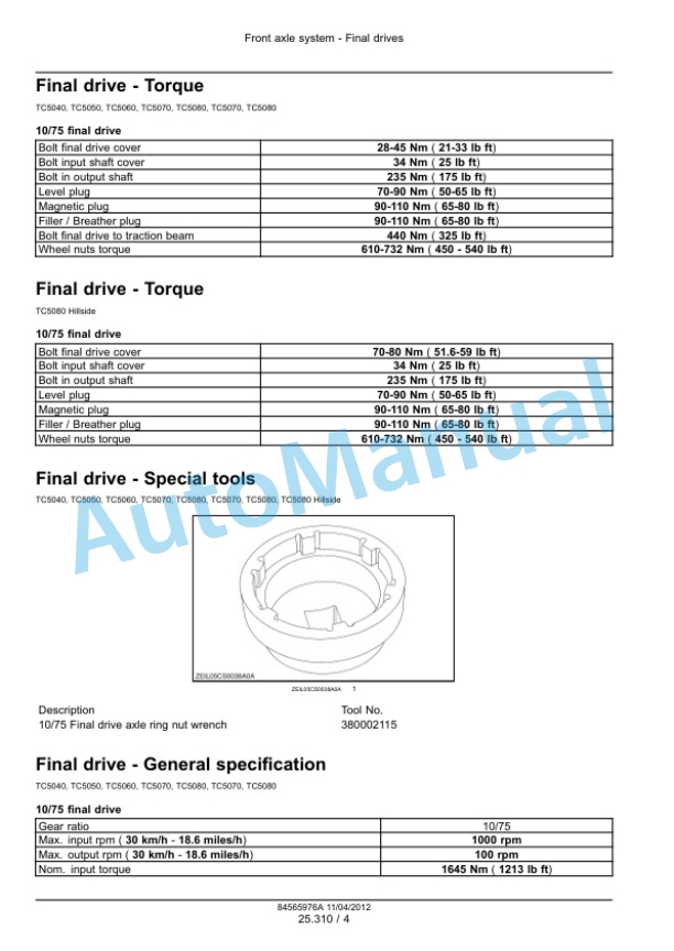 New Holland TC5040, TC5050, TC5060, TC5070, TC5080, TC5080 Hillside Service Manual 84565976A-2