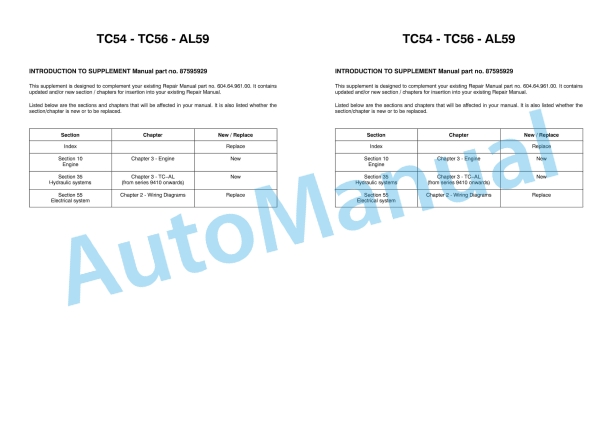 New Holland TC54, TC56, AL59 Combine Repair Manual 87595929