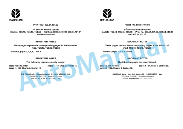 New Holland TCE40, TCE45, TCE50 Service Manual 6035440103