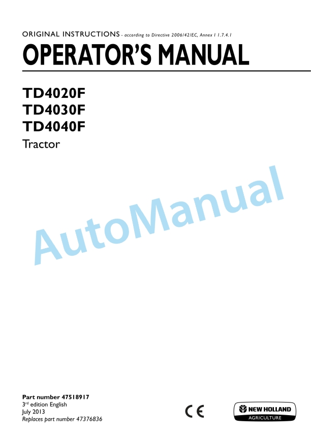 New Holland TD4020F, TD4030F, TD4040F Tractor Operation and Maintenance Manual 47518917