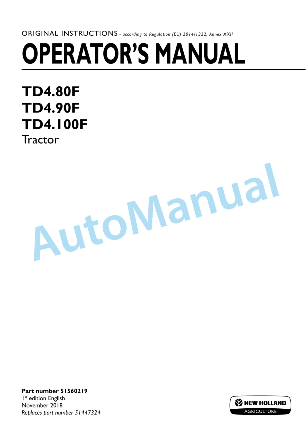 New Holland TD4.80F, TD4.90F, TD4.100F Tractor Operation and Maintenance Manual 51560219