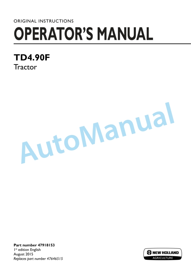 New Holland TD4.90F Tractor Operation and Maintenance Manual 47918153