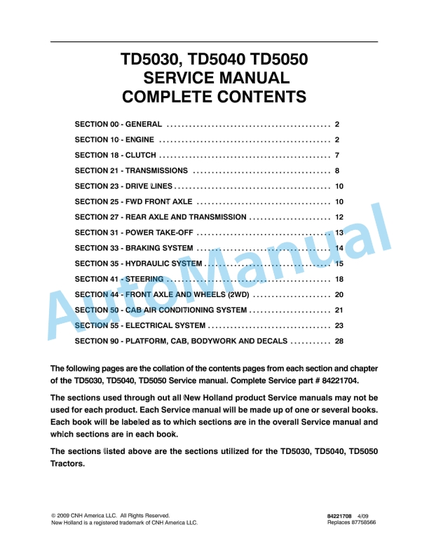 New Holland TD5030, TD5040, TD5050 Tractor Service Manual 84221704