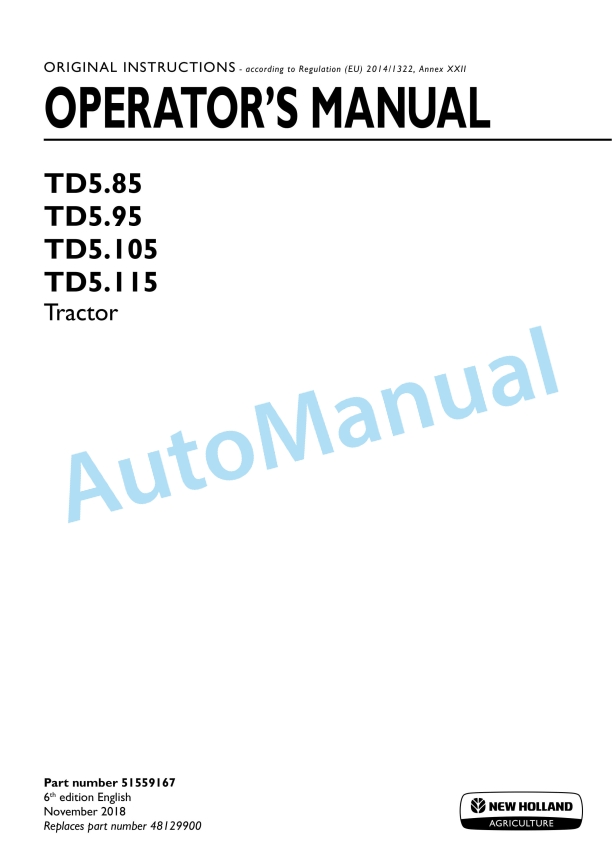 New Holland TD5.85, TD5.95, TD5.105, TD5.115 Tractor Operation and Maintenance Manual 51559167