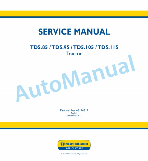 New Holland TD5.85, TD5.95, TD5.105, TD5.115 Tractor Service Manual 48194617
