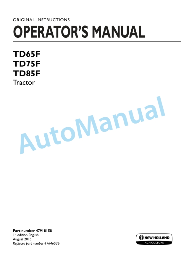New Holland TD65F, TD75F, TD85F Tractor Operation and Maintenance Manual 47918158