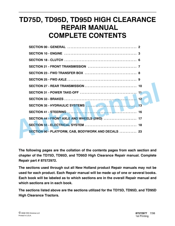 New Holland TD7D, TD95D, TD95D High Clearance Tractor Repair Manual 87572977
