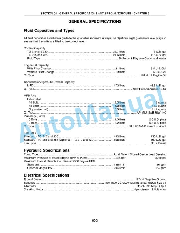 New Holland TG210, TG230, TG255, TG285 Repair Manual 87025505-3