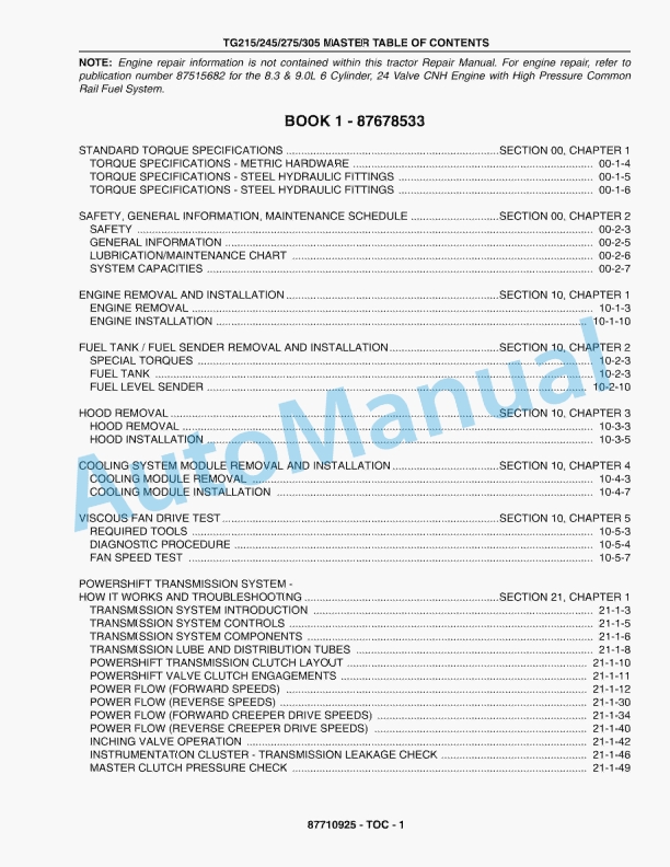 New Holland TG215, TG245, TG275, TG305 Tractor Repair Manual 87710925