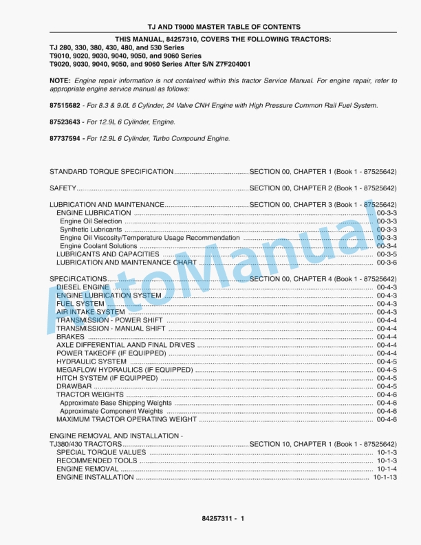 New Holland TJ Series, T9000 Series Tractor Service Manual 84257310