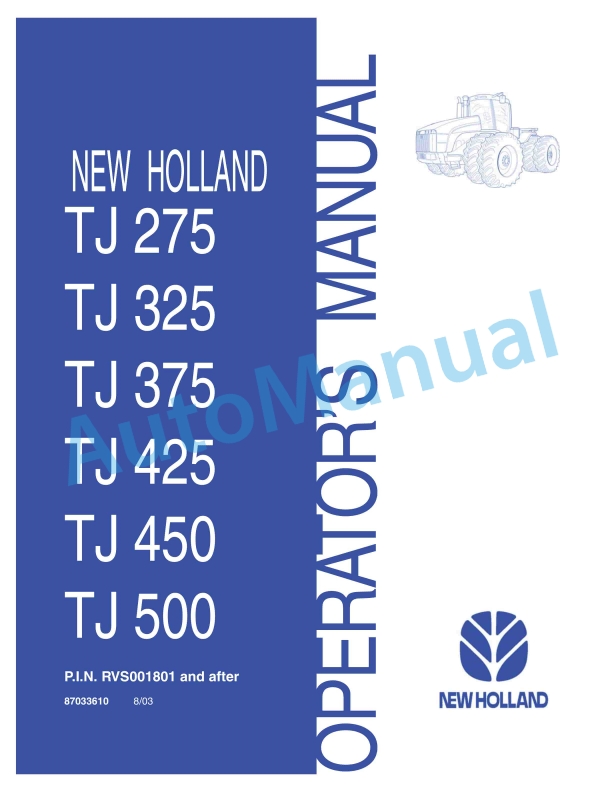 New Holland TJ275, TJ325, TJ375, TJ425, TJ450, TJ500 Tractor Operation and Maintenance Manual 87033610