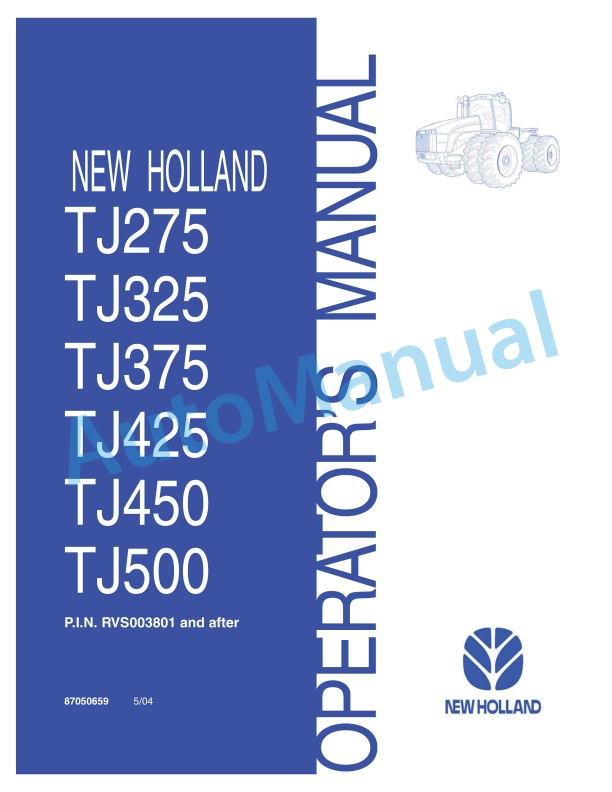 New Holland TJ275, TJ325, TJ375, TJ425, TJ450, TJ500 Tractor Operation and Maintenance Manual 87050659