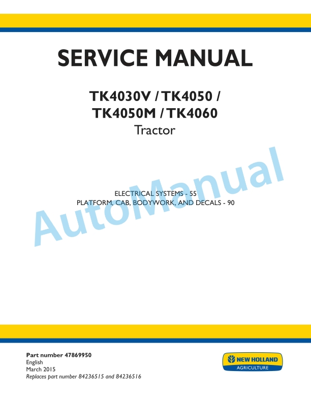 New Holland TK4030V, TK4050, TK4050M, TK4060 Tractor Service Manual 47869950