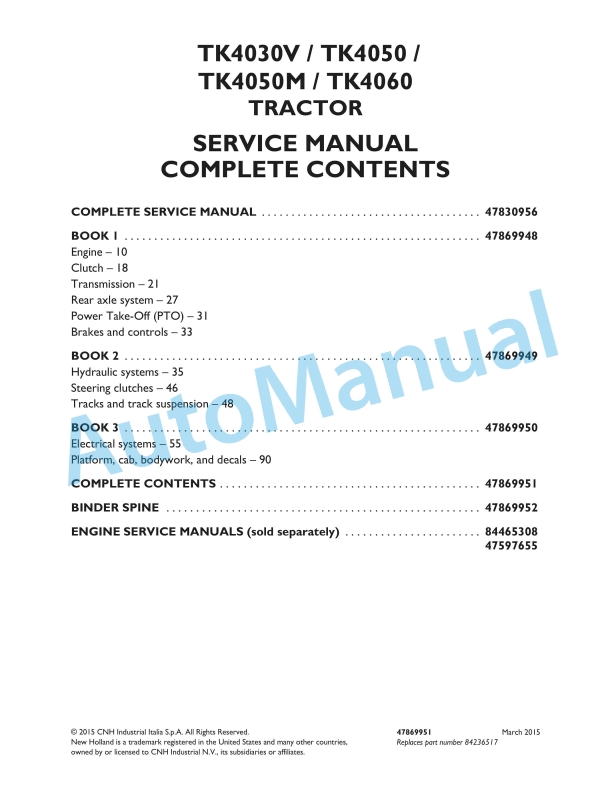 New Holland TK4030V, TK4050, TK4050M, TK4060 Tractor Service Manual 47869951