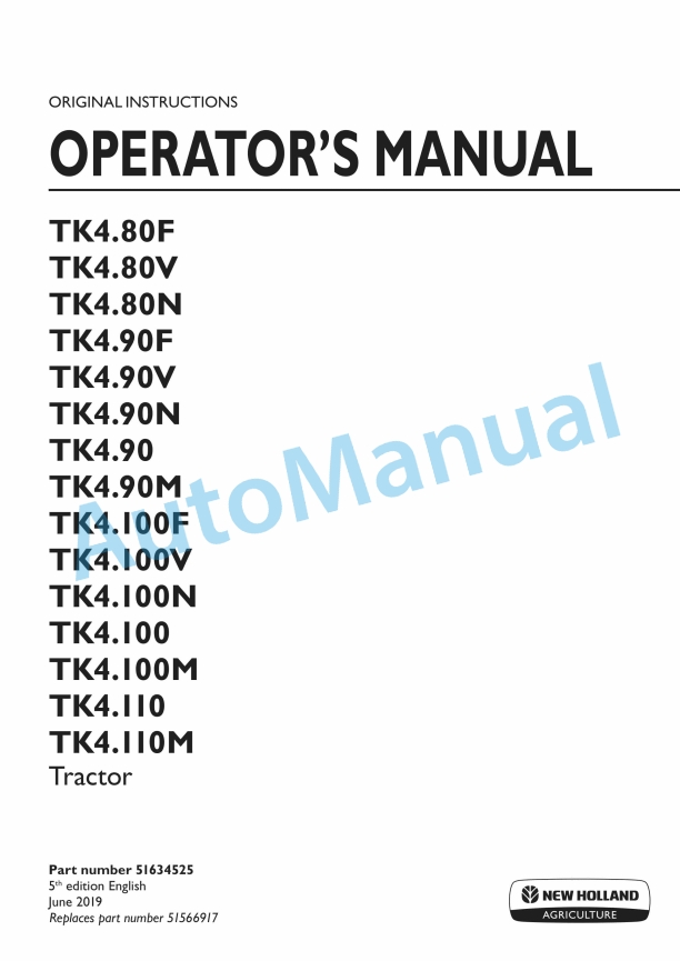 New Holland TK4.80F - TK4.110M Tractor Operation and Maintenance Manual 51634525