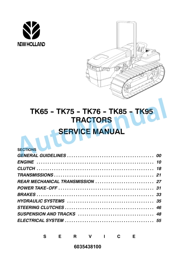 New Holland TK65, TK75, TK76, TK85, TK95 Tractor Service Manual 6035438100