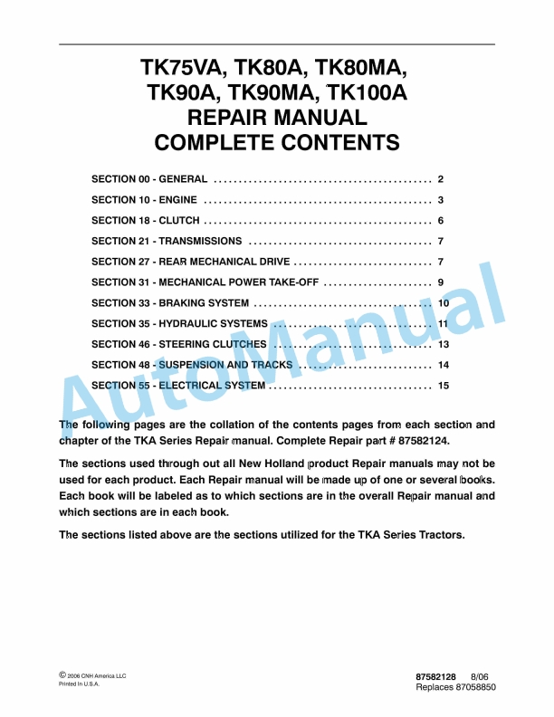 New Holland TK75VA, TK80A, TK80MA, TK90A, TK90MA, TK100A Tractor Repair Manual 87582128