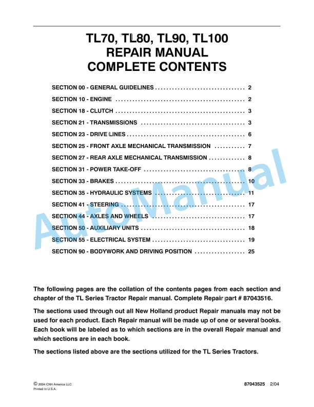 New Holland TL70, TL80, TL90, TL100 Tractor Repair Manual 87043525
