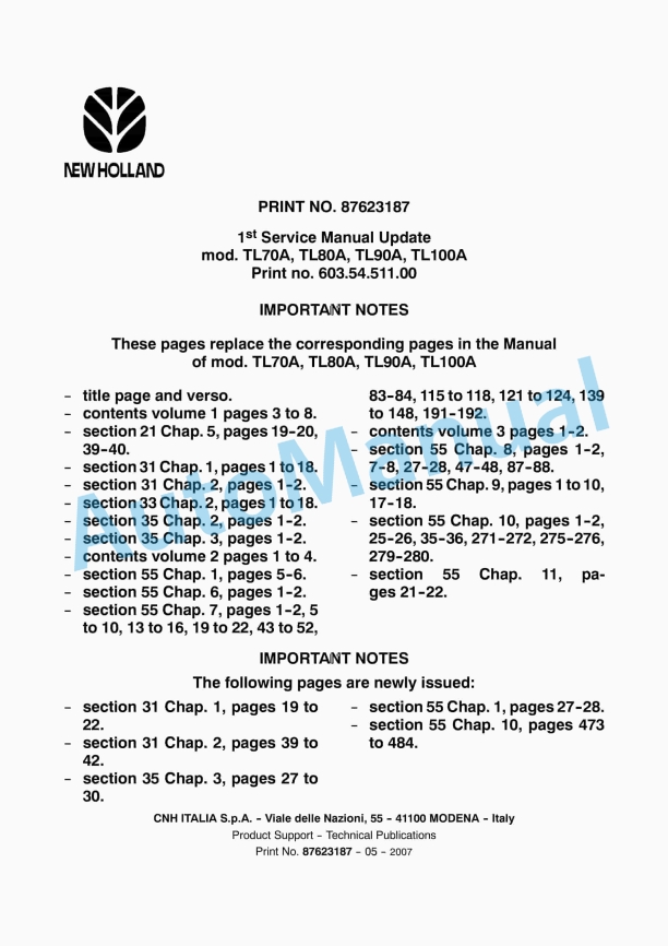 New Holland TL70A, TL80A, TL90A, TL100A Tractor Service Manual 87623187