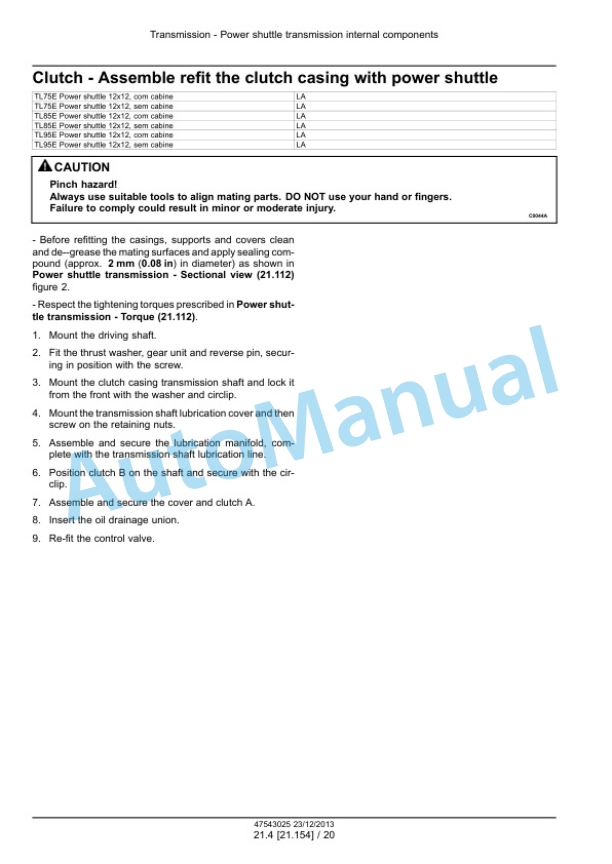 New Holland TL75E, TL85E, TL95E Power Shuttle Tractor Service Manual 47543025-2