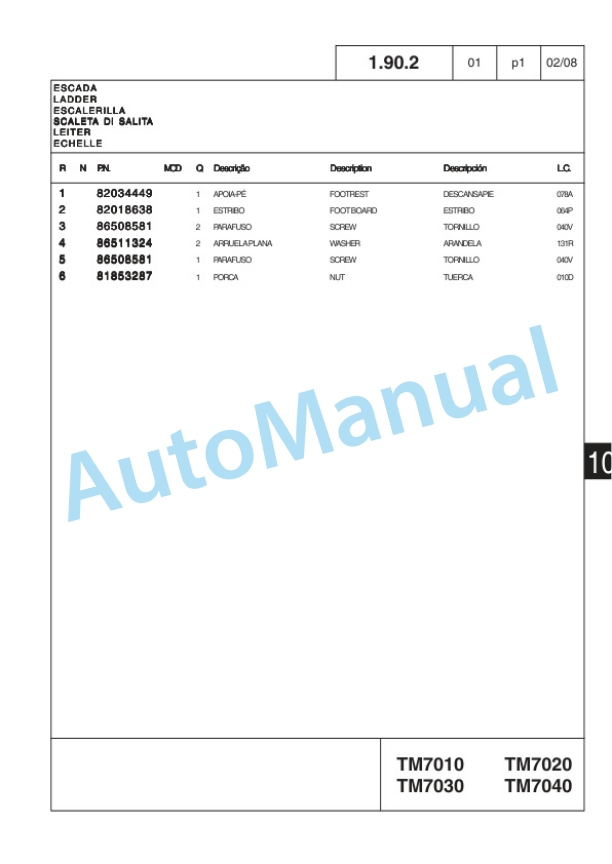 New Holland TM7010, TM7020, TM7030, TM7040 Tractor Service Parts Catalogue 73403944-4