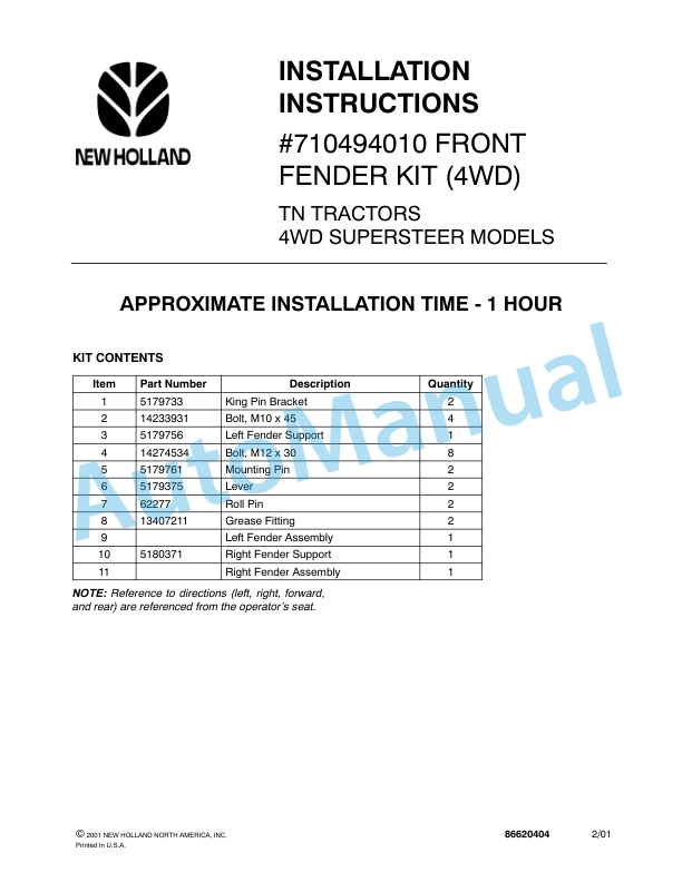 New Holland TN Series Installation Instruction Supplement 86620160-5