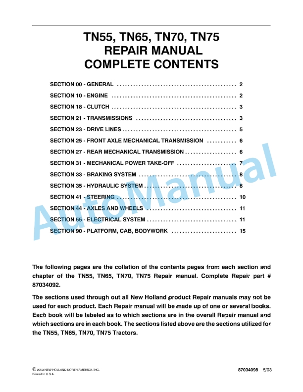 New Holland TN55, TN65, TN70, TN75 Tractor Repair Manual 87034098