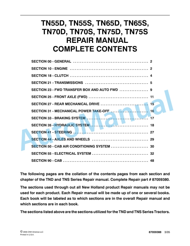 New Holland TN55D, TN55S, TN65D, TN65S, TN70D, TN70S, TN75D, TN75S Tractor Repair Manual 87059388