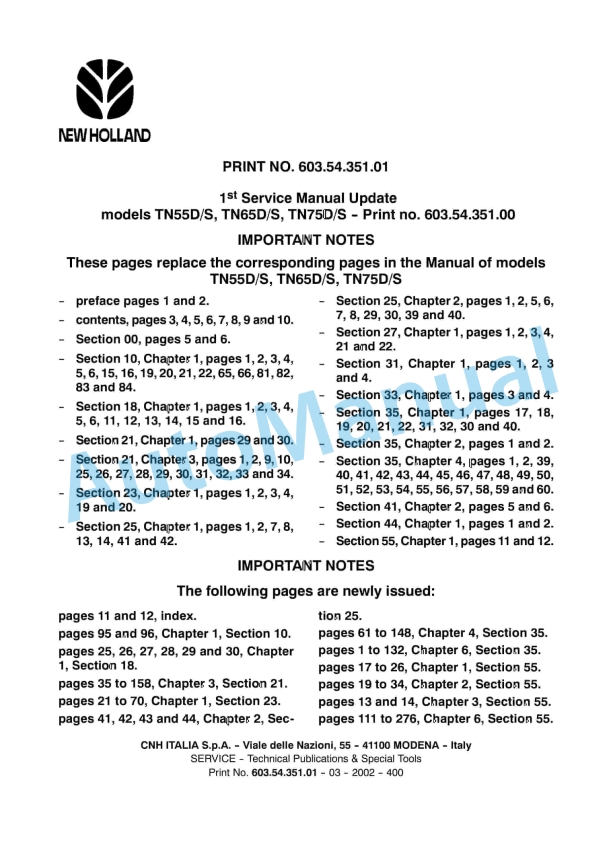 New Holland TN55D, TN55S, TN65D, TN65S, TN70D, TN70S, TN75D, TN75S Tractor Service Manual 6035435101