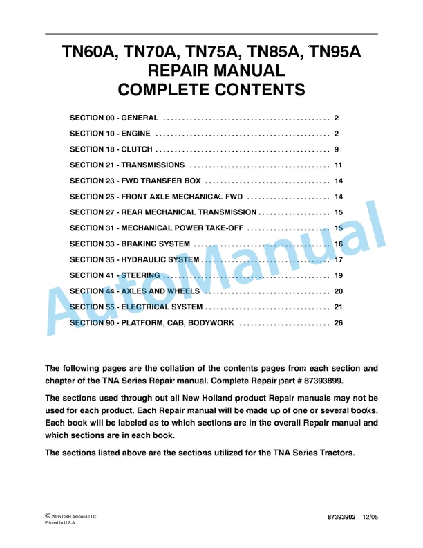 New Holland TN60A, TN70A, TN75A, TN85A, TN95A Tractor Repair Manual 87393902