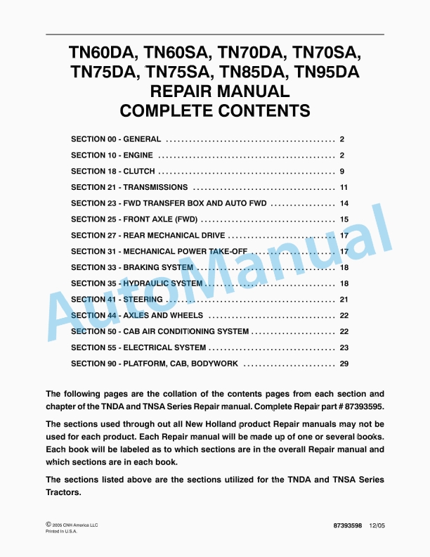 New Holland TN60DA, TN60SA, TN70DA, TN70SA, TN75DA, TN75SA, TN85DA, TN95DA Tractor Repair Manual 87393598