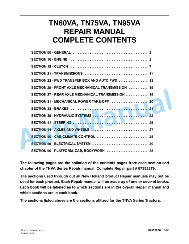 New Holland TN60VA, TN75VA, TN95VA Tractor Repair Manual 87352286
