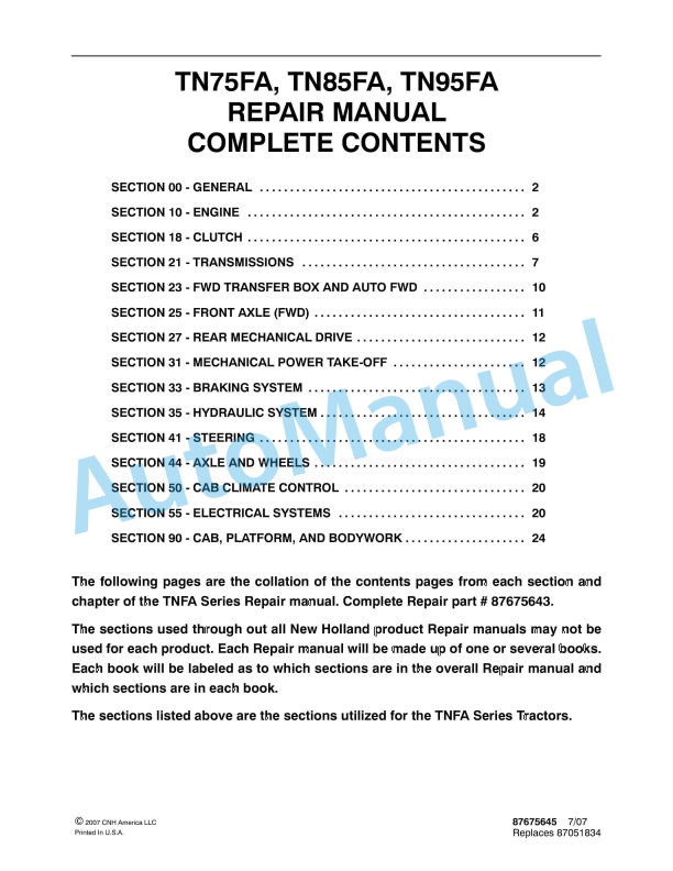 New Holland TN75FA, TN85FA, TN95FA Tractor Repair Manual 87675645