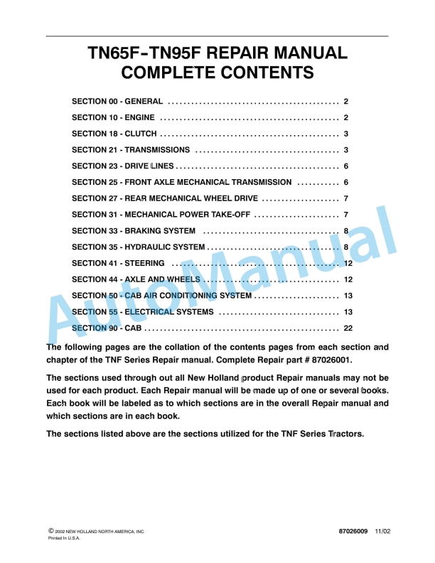 New Holland TNF Series Tractor Repair Manual 87026009