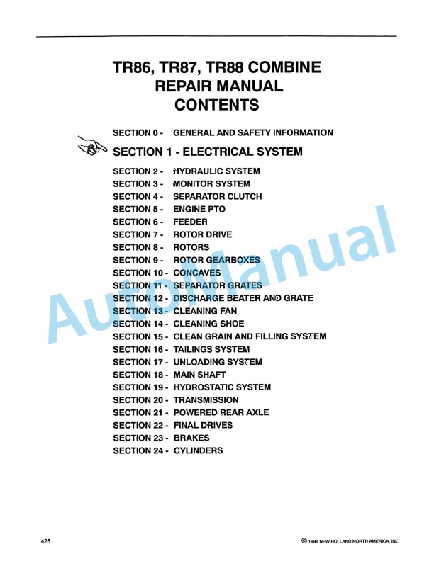 New Holland TR86, TR87, TR88 Combine Repair Manual 40008601
