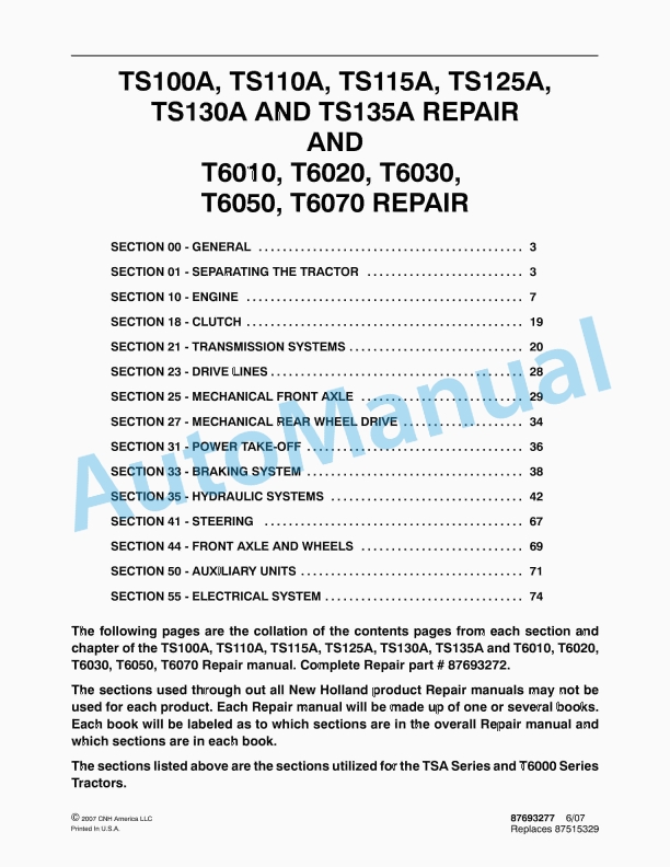 New Holland TS100A, TS110A, TS115A, TS125A, TS130A, TS135A, T6010, T6020, T6030, T6050, T6070 Tractor Repair Manual 87693277