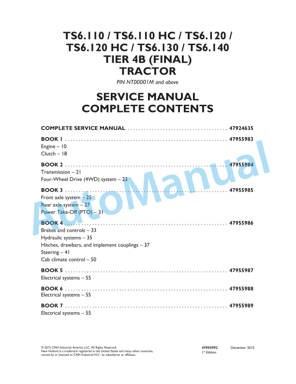 New Holland TS6.110, TS6.110HC, TS6.120, TS6.120HC, TS6.130, T6.140 Tier 4B Final Tractor Service Manual 47955992