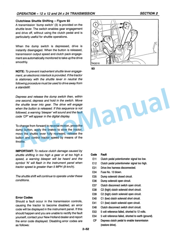New Holland TS90, TS100, TS110 Synchro Command and ElectroShift Trasmission Operation and Maintenance Manual 86562959-3