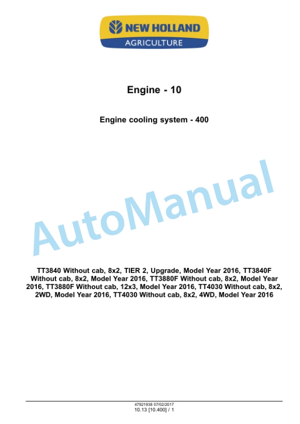 Alternative view of New Holland TT3840, TT3840F, TT4030, TT3880F Tractor Service Manual 47921938