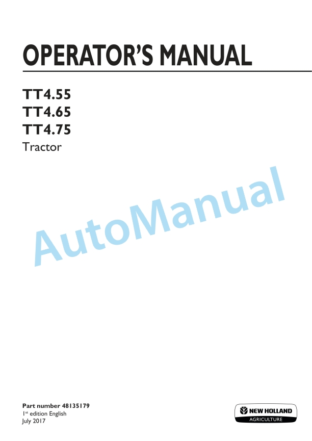 New Holland TT4.55, TT4.65, TT4.75 Tractor Operation and Maintenance Manual 48135179