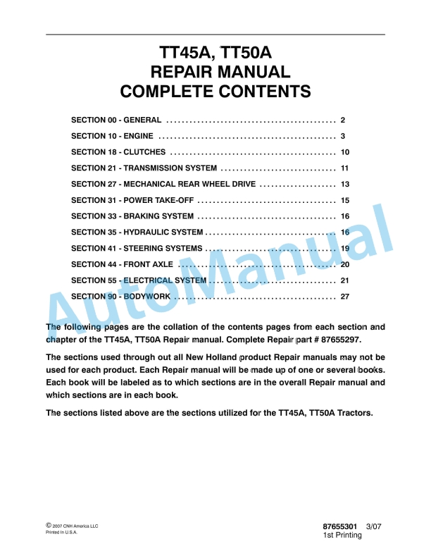 New Holland TT45A, TT50A Tractor Repair Manual 87655301
