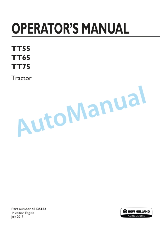 New Holland TT55, TT65, TT75 Tractor Operation and Maintenance Manual 48135182