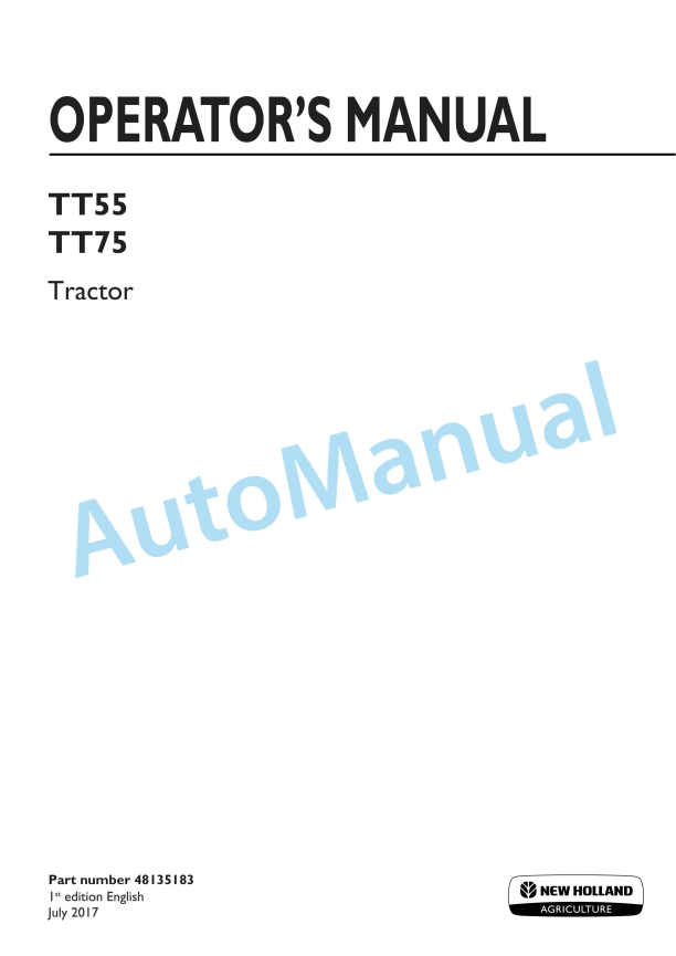 New Holland TT55, TT75 Tractor Operation and Maintenance Manual 48135183