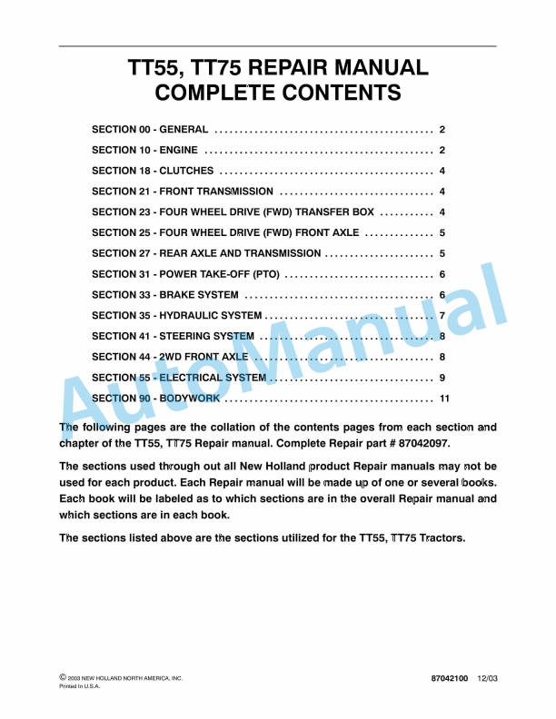 New Holland TT55, TT75 Tractor Repair Manual 87042100