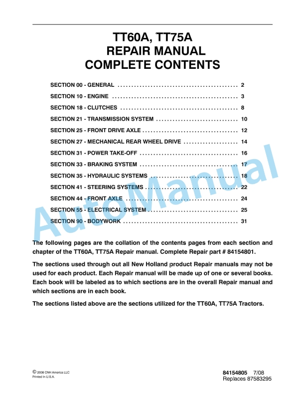 New Holland TT60A, TT75A Tractor Repair Manual 84154805