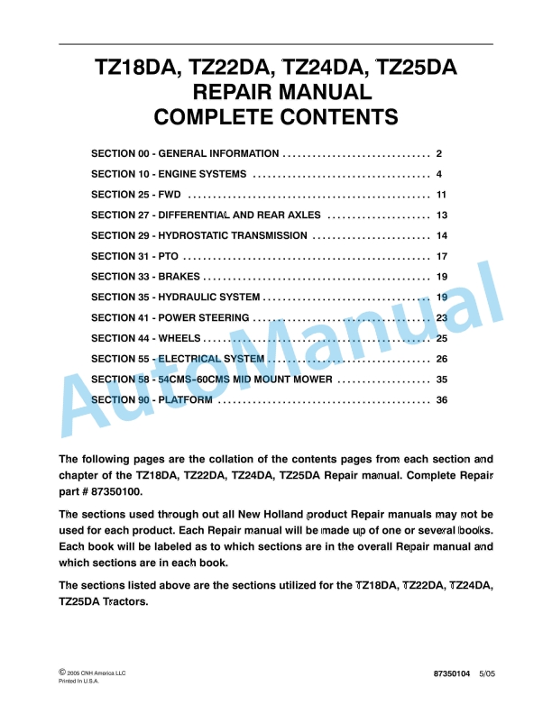 New Holland TZ18DA, TZ22DA, TZ24DA, TZ25DA Tractor Repair Manual 87350104
