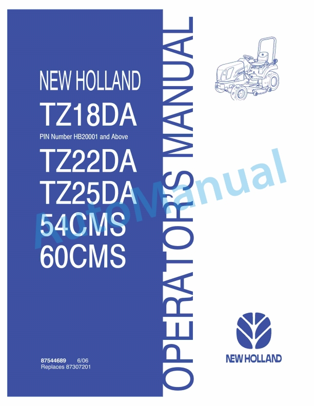 New Holland TZ18DA, TZ22DA, TZ25DA, 54CMS, 60CMS Tractor Operation and Maintenance Manual 87544689